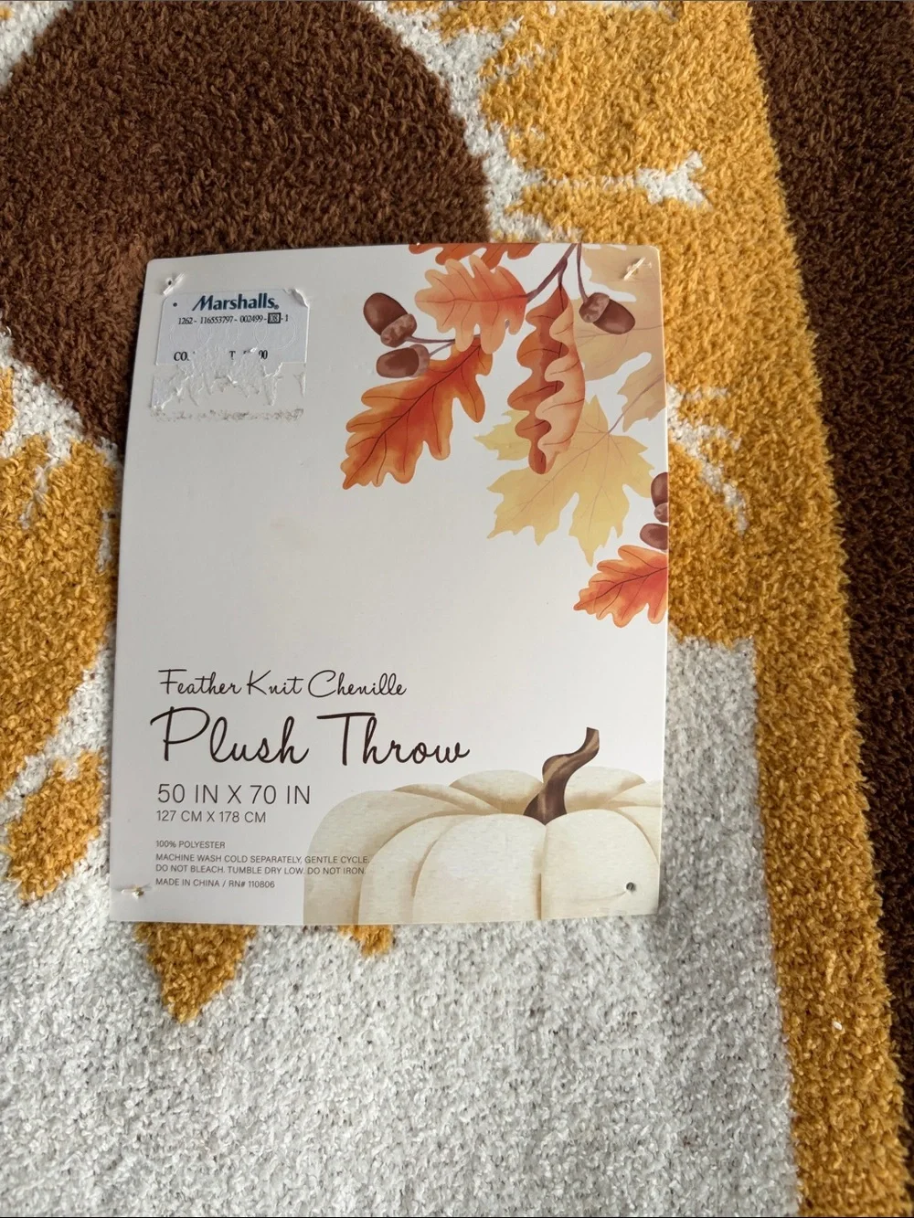 NWT Sunflower Feather Knit Chenille Brown, Cream  & Mustard Size 50”x 70”